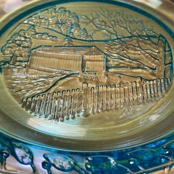 vintage Maryland glass company, rare blue plate, covered bridge scene - Picture 2 of 3